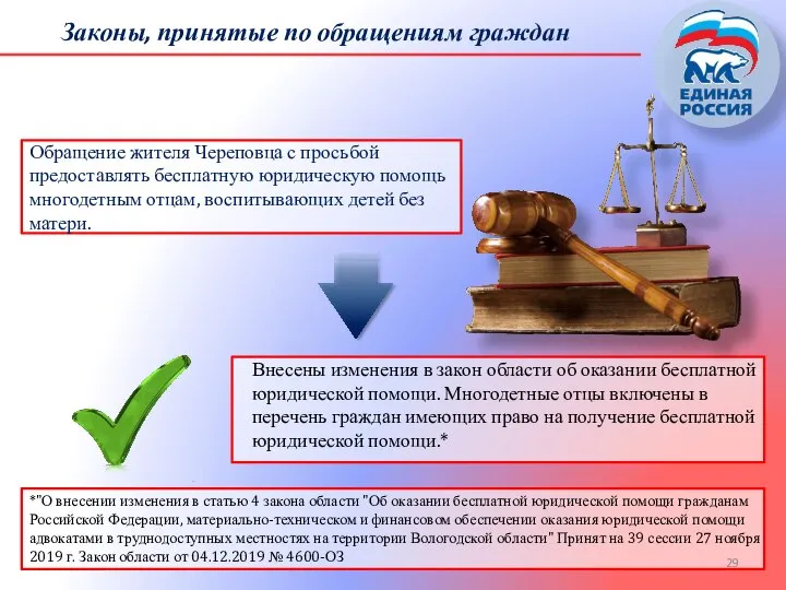 Обращение жителя Череповца с просьбой предоставлять бесплатную юридическую помощь многодетным отцам, воспитывающих