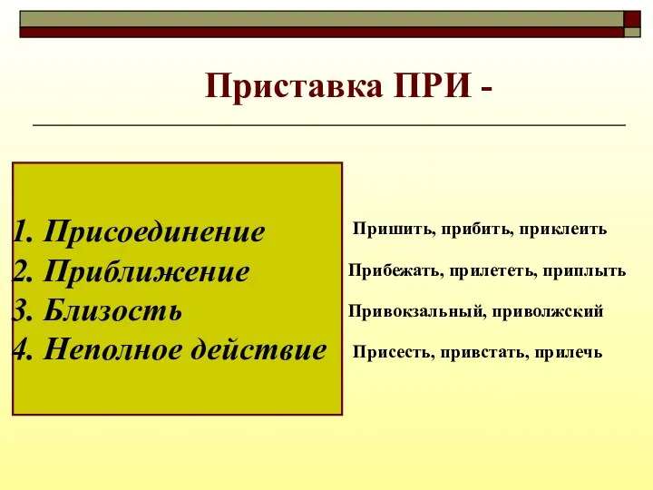 Приставка ПРИ - Присоединение Приближение Близость Неполное действие Пришить, прибить, приклеить Прибежать,