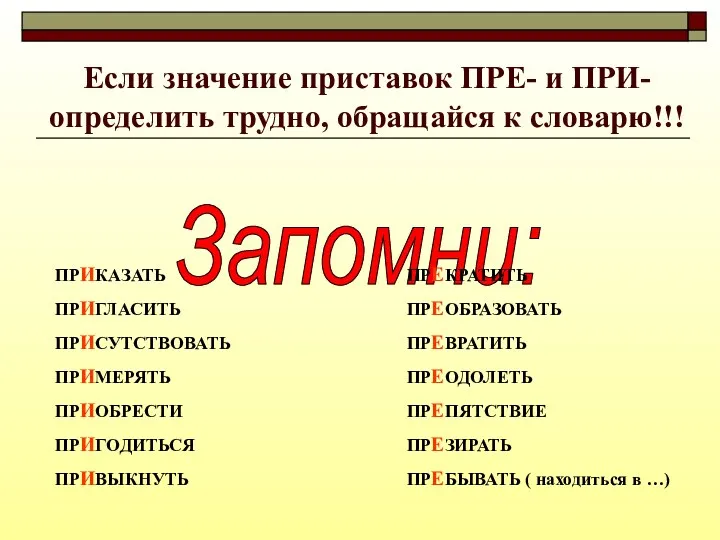 Если значение приставок ПРЕ- и ПРИ- определить трудно, обращайся к словарю!!! Запомни: