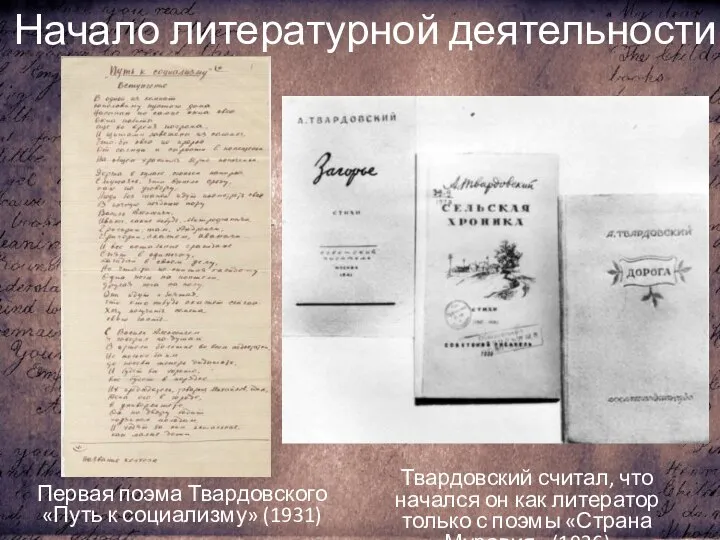 Начало литературной деятельности Первая поэма Твардовского «Путь к социализму» (1931) Твардовский считал,