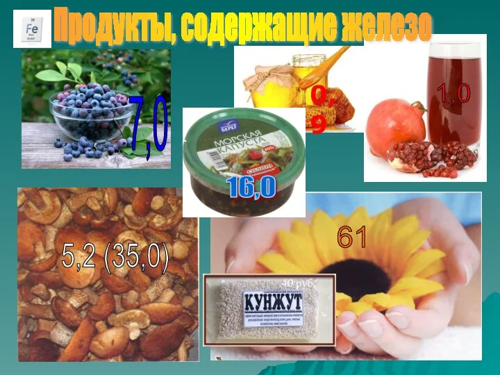 Продукты, содержащие железо 7,0 61 1,0 16,0 5,2 (35,0) 0,9