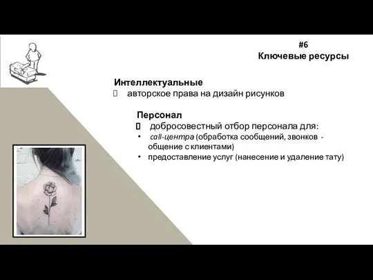 #6 Ключевые ресурсы Интеллектуальные авторское права на дизайн рисунков Персонал добросовестный отбор