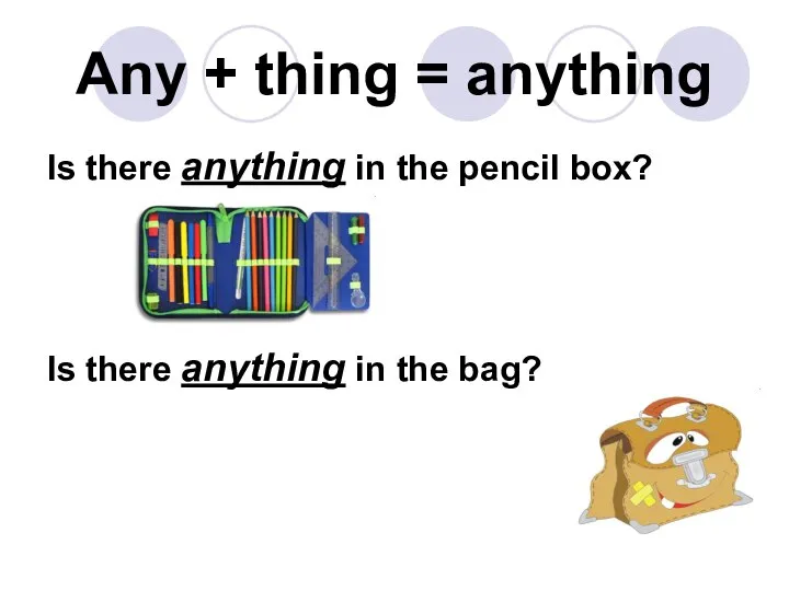 Any + thing = anything Is there anything in the pencil box?