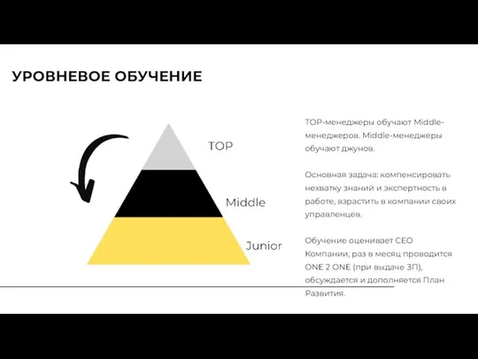 УРОВНЕВОЕ ОБУЧЕНИЕ ТОР-менеджеры обучают Мiddle-менеджеров. Middle-менеджеры обучают джунов. Основная задача: компенсировать нехватку