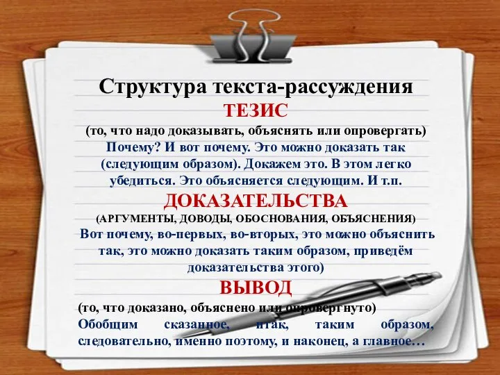 Структура текста-рассуждения ТЕЗИС (то, что надо доказывать, объяснять или опровергать) Почему? И