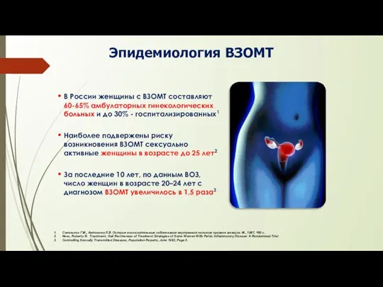 Эпидемиология ВЗОМТ В России женщины с ВЗОМТ составляют 60-65% амбулаторных гинекологических больных