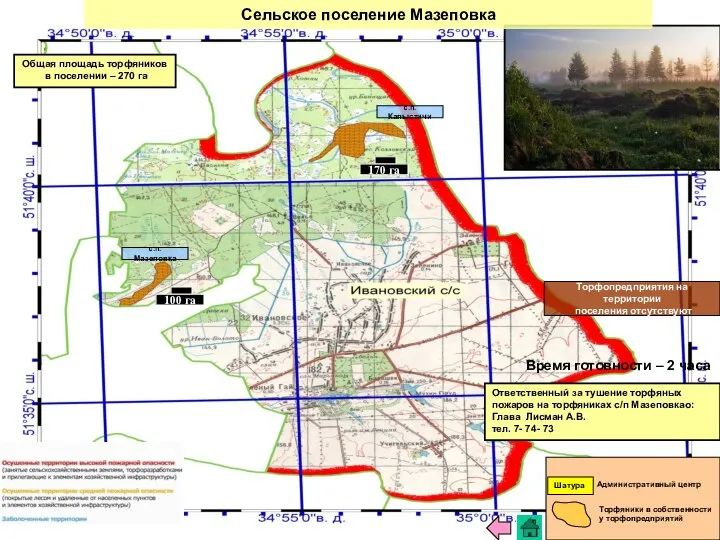 Сельское поселение Мазеповка Время готовности – 2 часа Ответственный за тушение торфяных