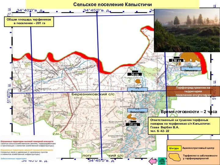 Сельское поселение Капыстичи Время готовности – 2 часа Ответственный за тушение торфяных