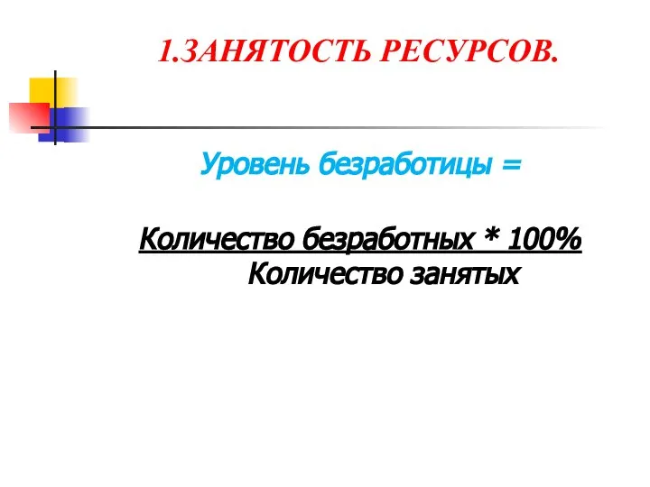 1.ЗАНЯТОСТЬ РЕСУРСОВ. Уровень безработицы = Количество безработных * 100% Количество занятых