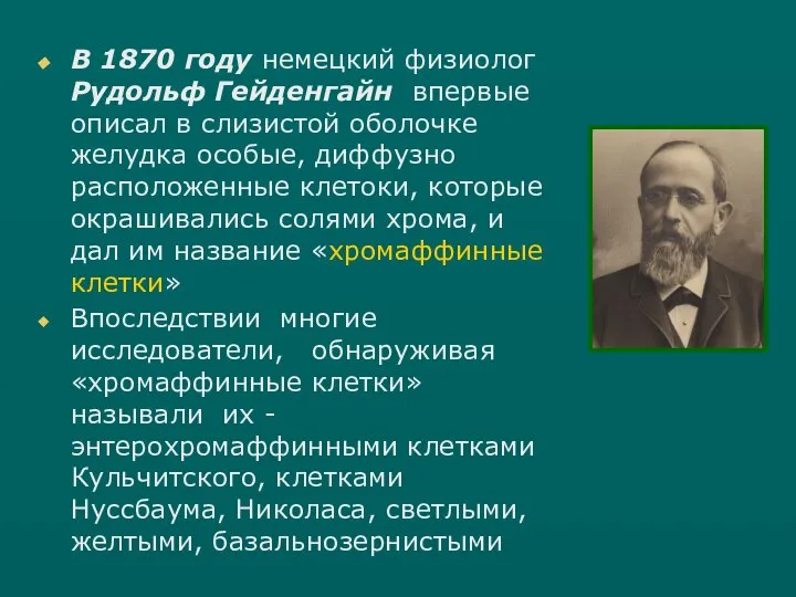 В 1870 году немецкий физиолог Рудольф Гейденгайн впервые описал в слизистой оболочке