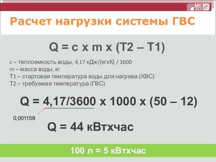 Q = c x m x (T2 – T1) Расчет нагрузки системы