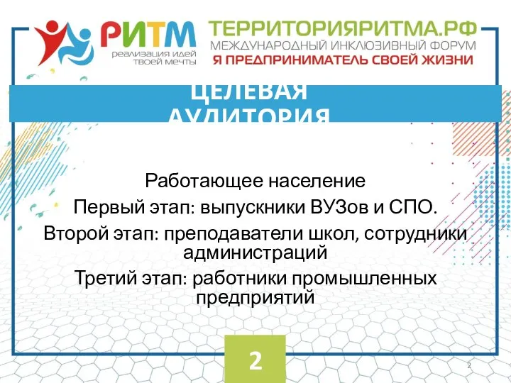 Работающее население Первый этап: выпускники ВУЗов и СПО. Второй этап: преподаватели школ,