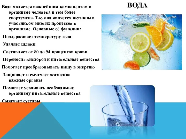 ВОДА Вода является важнейшим компонентом в организме человека и тем более спортсмена.