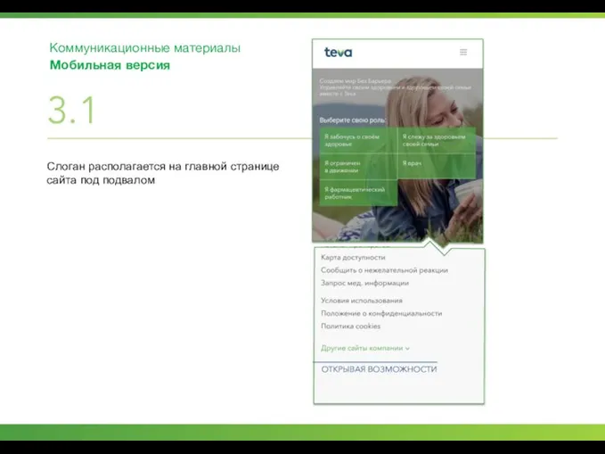 ОТКРЫВАЯ ВОЗМОЖНОСТИ Коммуникационные материалы Мобильная версия 3.1 Слоган располагается на главной странице сайта под подвалом