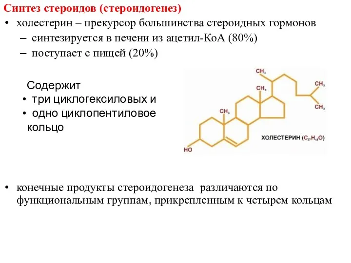 Синтез стероидов (стероидогенез) холестерин – прекурсор большинства стероидных гормонов синтезируется в печени