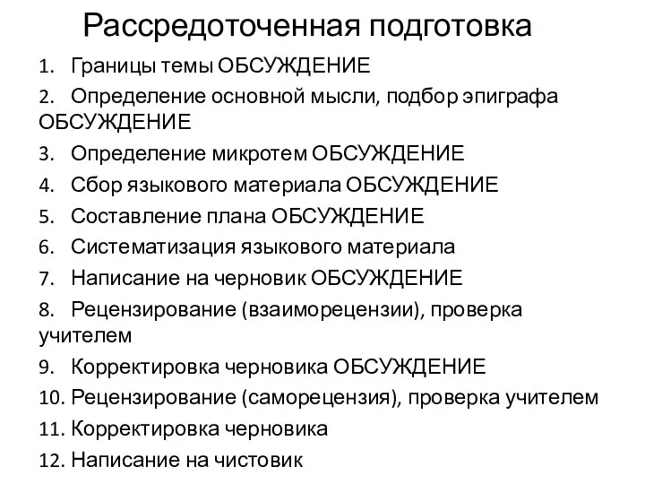 Рассредоточенная подготовка 1. Границы темы ОБСУЖДЕНИЕ 2. Определение основной мысли, подбор эпиграфа