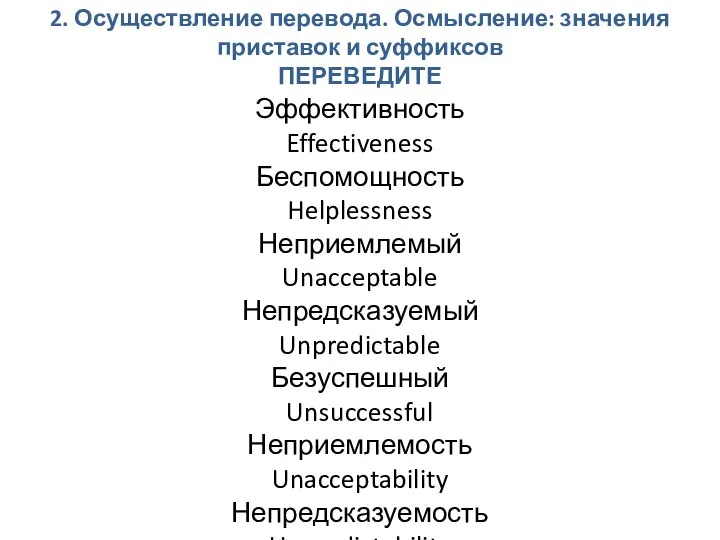 2. Осуществление перевода. Осмысление: значения приставок и суффиксов ПЕРЕВЕДИТЕ Эффективность Effectiveness Беспомощность