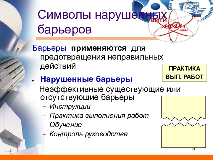 Символы нарушенных барьеров Барьеры применяются для предотвращения неправильных действий Нарушенные барьеры Неэффективные