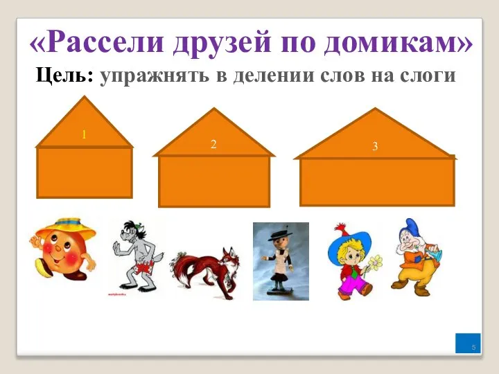 «Рассели друзей по домикам» Цель: упражнять в делении слов на слоги 1 2 3