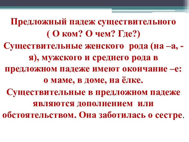 Предложный падеж существительного ( О ком? О чем? Где?) Существительные женского рода