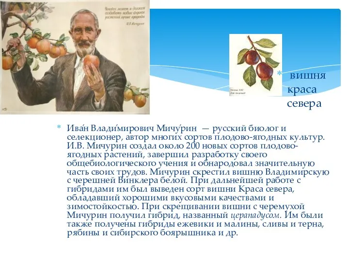 Ива́н Влади́мирович Мичу́рин — русский биолог и селекционер, автор многих сортов плодово-ягодных