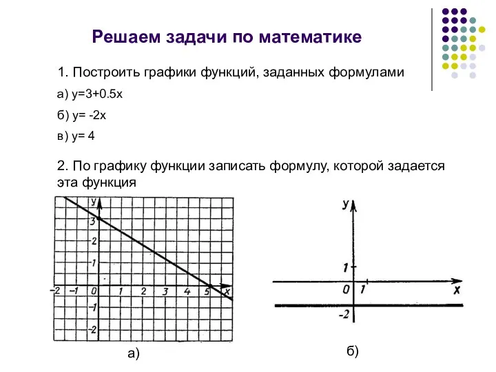 Решаем задачи по математике 1. Построить графики функций, заданных формулами а) y=3+0.5x