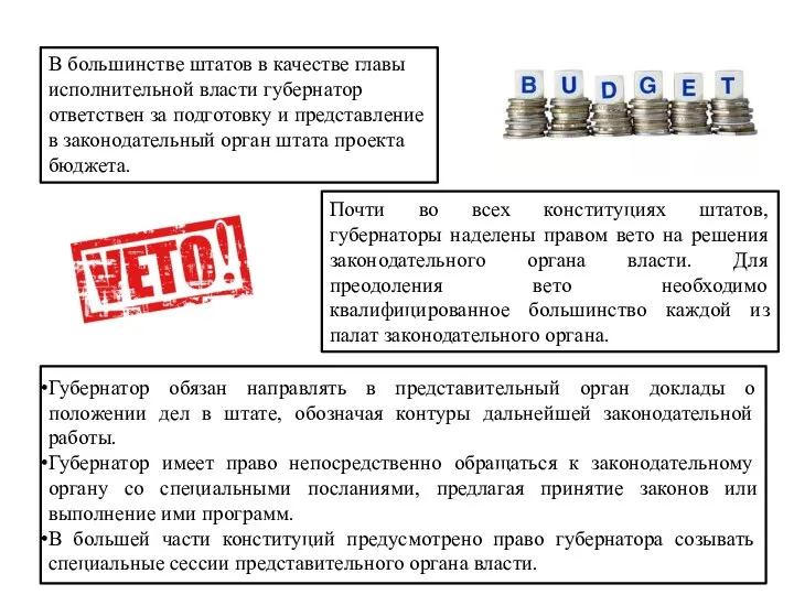 В большинстве штатов в качестве главы исполнительной власти губернатор ответствен за подготовку