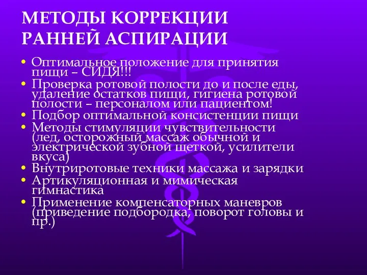 МЕТОДЫ КОРРЕКЦИИ РАННЕЙ АСПИРАЦИИ Оптимальное положение для принятия пищи – СИДЯ!!! Проверка