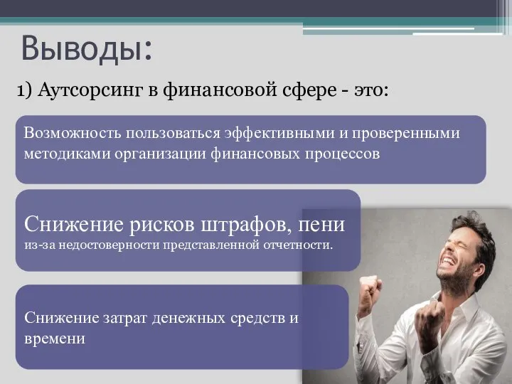 Выводы: 1) Аутсорсинг в финансовой сфере - это: Снижение рисков штрафов, пени