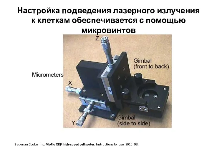 Настройка подведения лазерного излучения к клеткам обеспечивается с помощью микровинтов Beckman Coulter