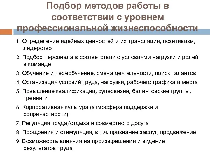 Подбор методов работы в соответствии с уровнем профессиональной жизнеспособности 1. Определение идейных