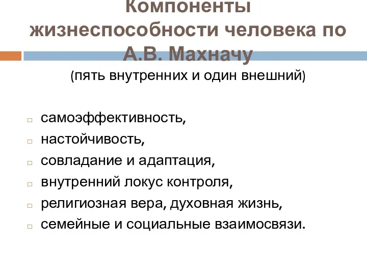 Компоненты жизнеспособности человека по А.В. Махначу (пять внутренних и один внешний) самоэффективность,