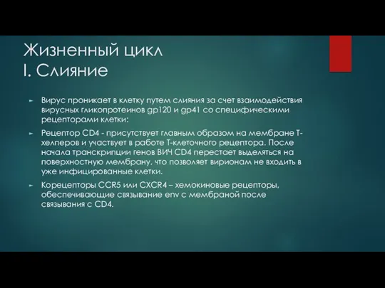 Жизненный цикл I. Слияние Вирус проникает в клетку путем слияния за счет