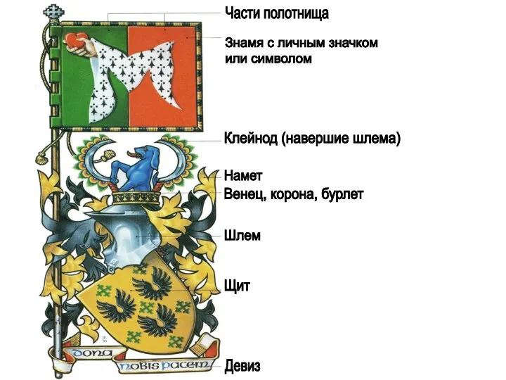 Части полотнища Знамя с личным значком или символом Клейнод (навершие шлема) Намет