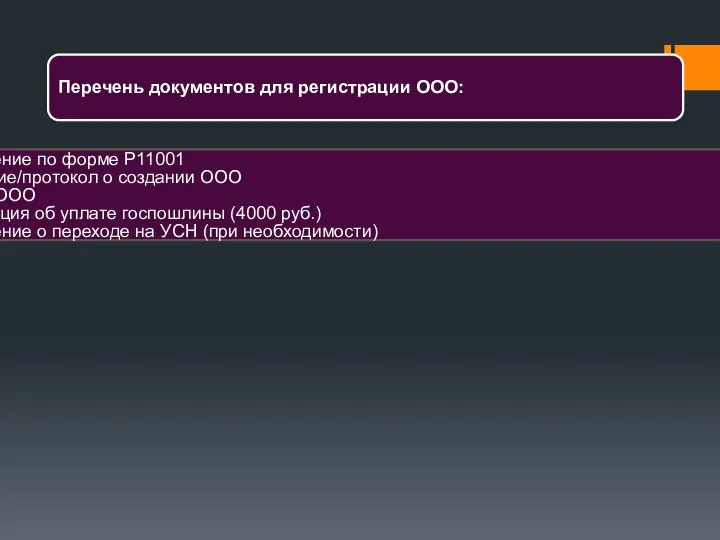 Перечень документов для регистрации ООО: Заявление по форме Р11001 Решение/протокол о создании