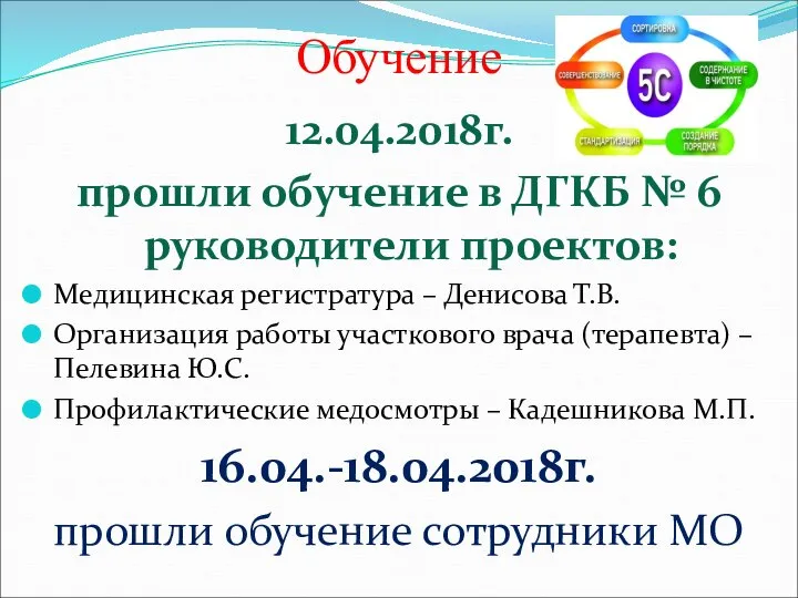 Обучение 12.04.2018г. прошли обучение в ДГКБ № 6 руководители проектов: Медицинская регистратура