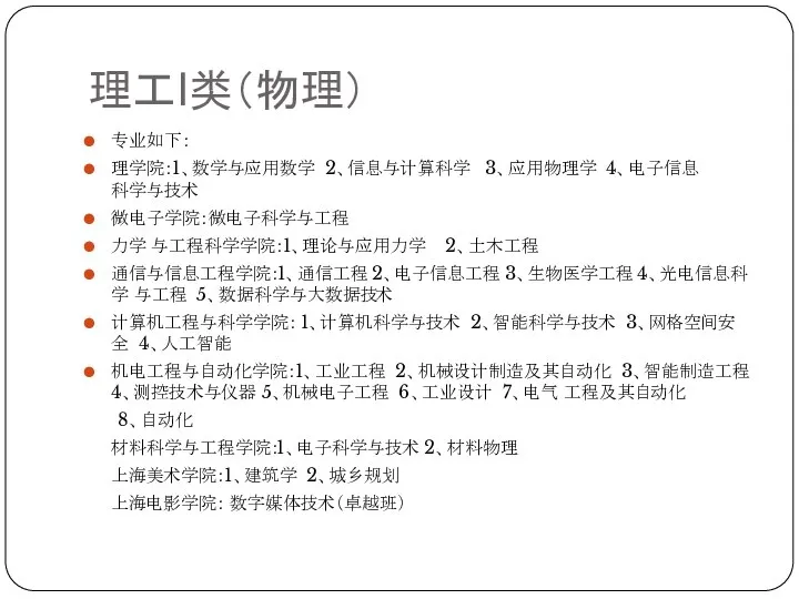 理工I类（物理） 专业如下： 理学院：1、数学与应用数学 2、信息与计算科学 3、应用物理学 4、电子信息 科学与技术 微电子学院：微电子科学与工程 力学 与工程科学学院：1、理论与应用力学 2、土木工程 通信与信息工程学院：1、通信工程