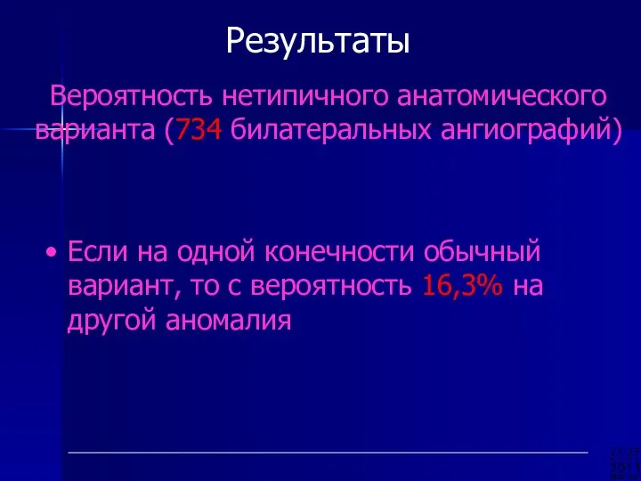 Результаты Вероятность нетипичного анатомического варианта (734 билатеральных ангиографий) Если на одной конечности