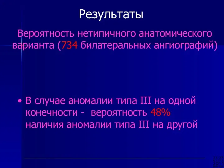 Результаты Вероятность нетипичного анатомического варианта (734 билатеральных ангиографий) В случае аномалии типа