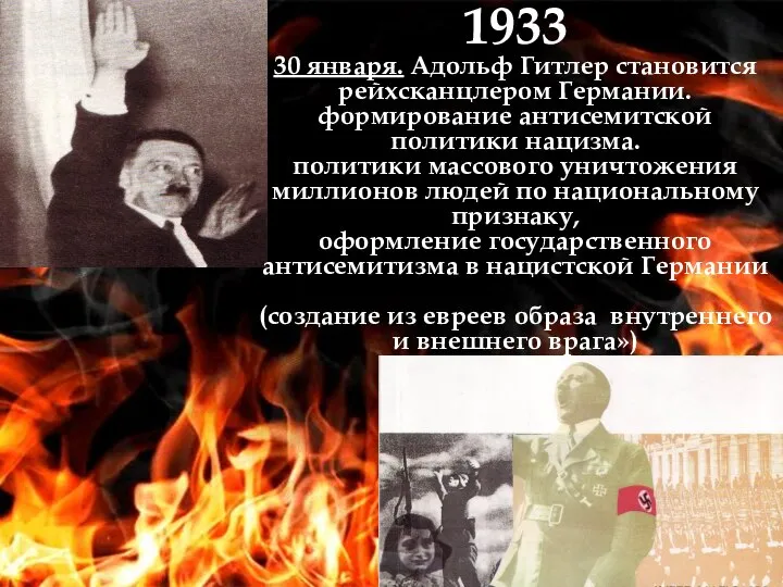 1933 30 января. Адольф Гитлер становится рейхсканцлером Германии. формирование антисемитской политики нацизма.