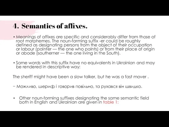 4. Semantics of affixes. Meanings of affixes are specific and considerably differ