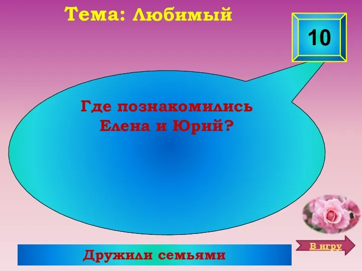 Дружили семьями Где познакомились Елена и Юрий? Тема: Любимый 10 В игру