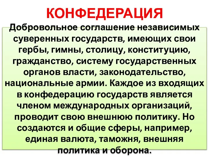 КОНФЕДЕРАЦИЯ Добровольное соглашение независимых суверенных государств, имеющих свои гербы, гимны, столицу, конституцию,