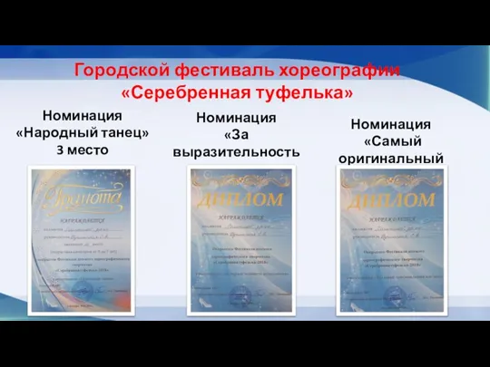 Городской фестиваль хореографии «Серебренная туфелька» Номинация «Народный танец» 3 место Номинация «За