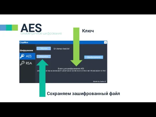 симметричное шифрование AES Сохраняем зашифрованный файл Ключ