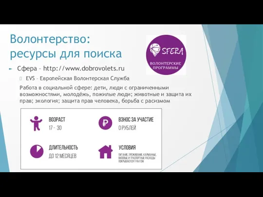 Волонтерство: ресурсы для поиска Сфера – http://www.dobrovolets.ru EVS – Европейская Волонтерская Служба