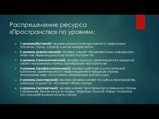 Распределение ресурса «Пространство» по уровням: 1 уровень(бытовой): человек находится внутри какой-то территории