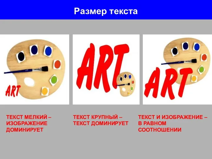 Размер текста ТЕКСТ МЕЛКИЙ – ИЗОБРАЖЕНИЕ ДОМИНИРУЕТ ТЕКСТ КРУПНЫЙ – ТЕКСТ ДОМИНИРУЕТ