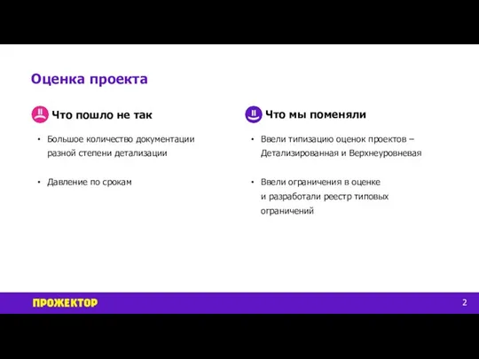 Оценка проекта 2 Большое количество документации разной степени детализации Давление по срокам