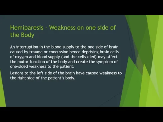 Hemiparesis - Weakness on one side of the Body An interruption in